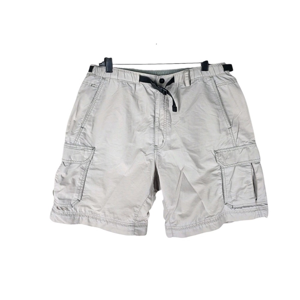 REI Sahara Mens L x34 Cargo Hiking Shorts Tan Nylon UPF 50+ Belted Elastic Waist